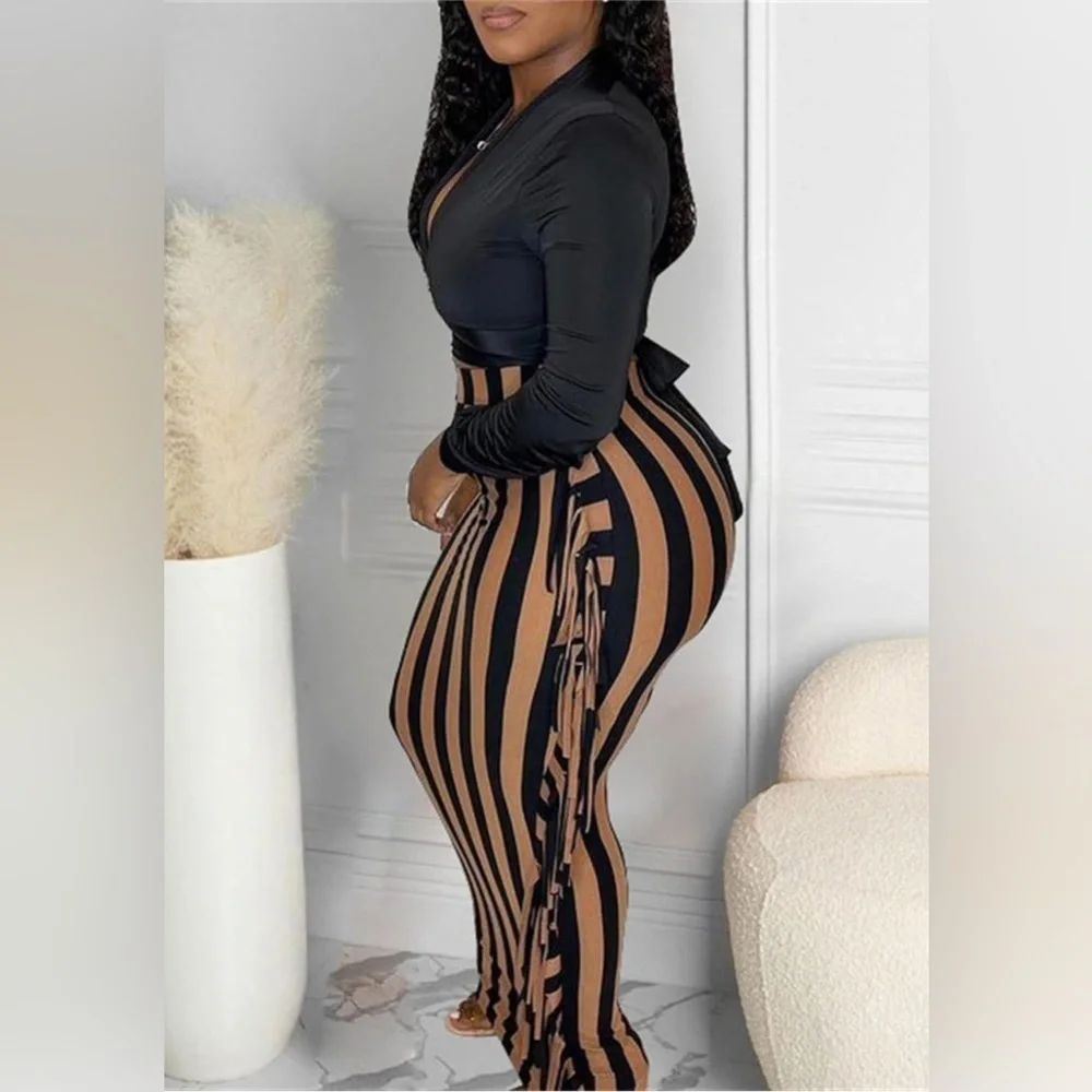 Fringe Maxi Pencil High Waist Bodycon Striped Tassel Skirt Black Brown, Small